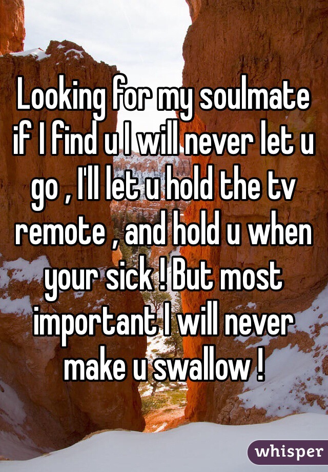 Looking for my soulmate if I find u I will never let u go , I'll let u hold the tv remote , and hold u when your sick ! But most important I will never make u swallow !