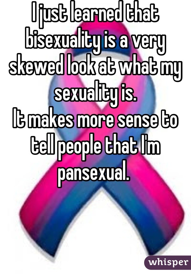I just learned that bisexuality is a very skewed look at what my sexuality is.
It makes more sense to tell people that I'm pansexual. 
