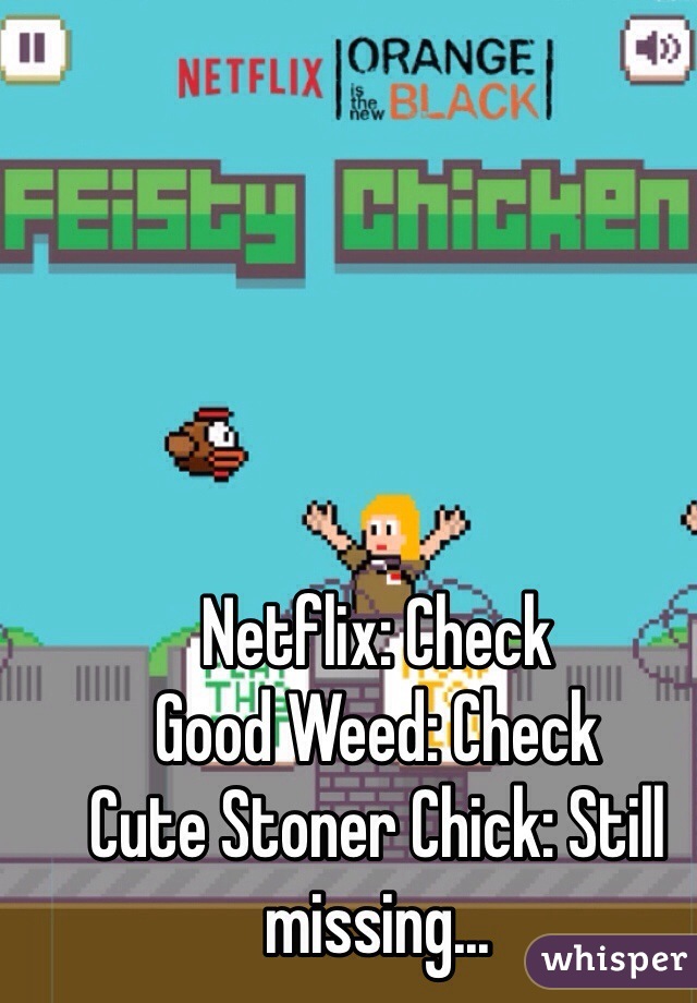 Netflix: Check
Good Weed: Check
Cute Stoner Chick: Still missing...