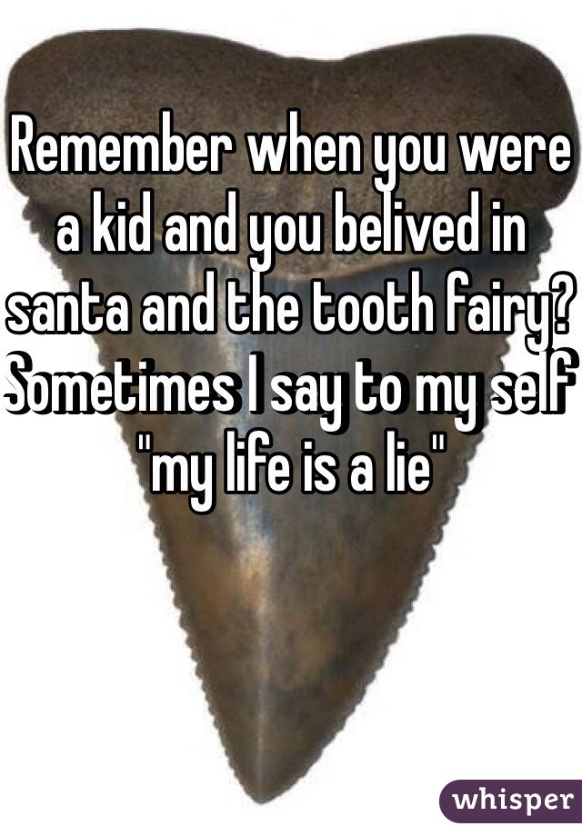 Remember when you were a kid and you belived in santa and the tooth fairy? Sometimes I say to my self "my life is a lie"