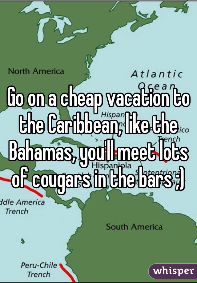 Go on a cheap vacation to the Caribbean, like the Bahamas, you'll meet lots of cougars in the bars ;)