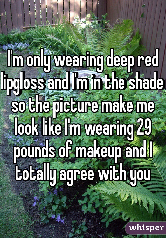 I'm only wearing deep red lipgloss and I'm in the shade so the picture make me look like I'm wearing 29 pounds of makeup and I totally agree with you