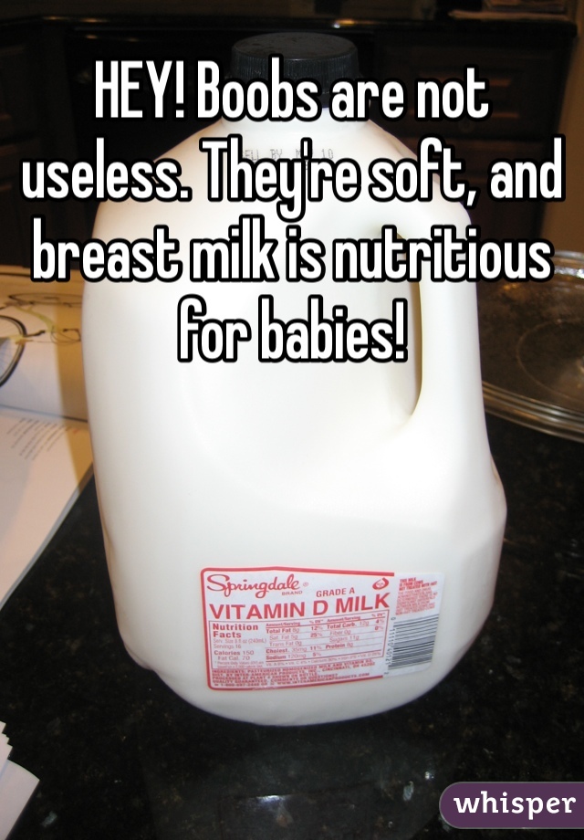 HEY! Boobs are not useless. They're soft, and breast milk is nutritious for babies!