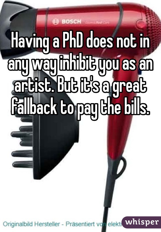 Having a PhD does not in any way inhibit you as an artist. But it's a great fallback to pay the bills.