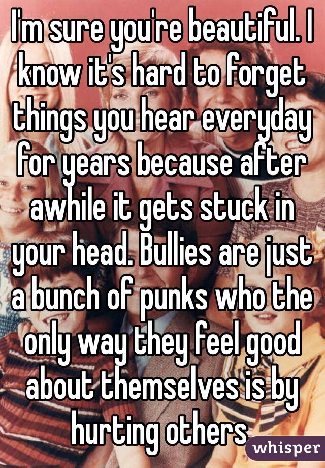 I'm sure you're beautiful. I know it's hard to forget things you hear everyday for years because after awhile it gets stuck in your head. Bullies are just a bunch of punks who the only way they feel good about themselves is by hurting others. 