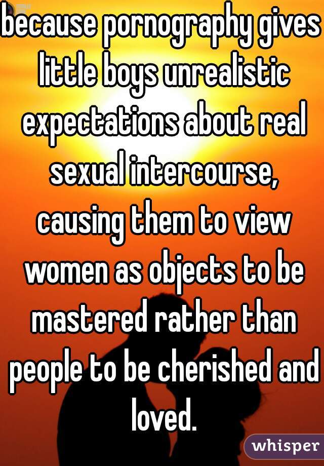 because pornography gives little boys unrealistic expectations about real sexual intercourse, causing them to view women as objects to be mastered rather than people to be cherished and loved.