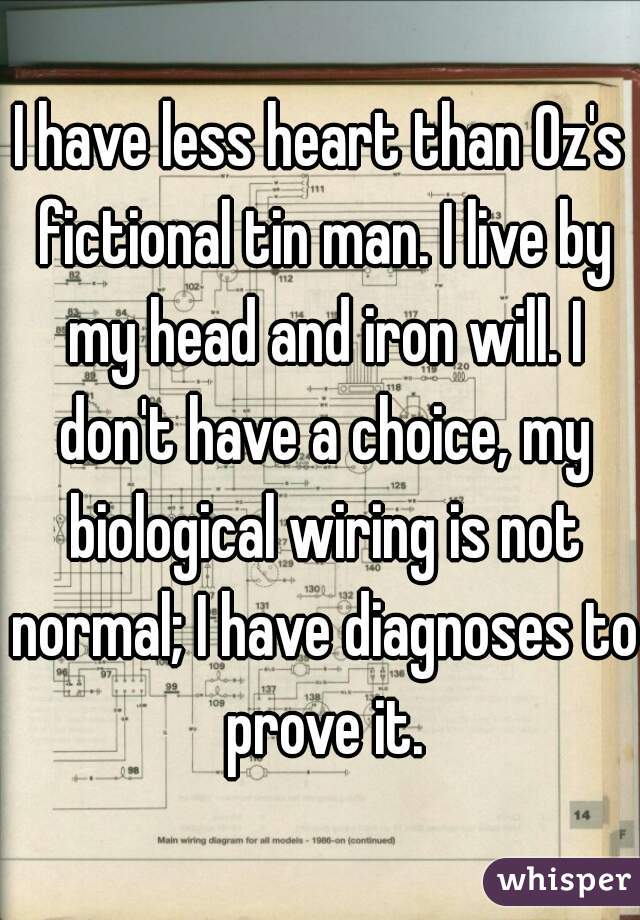 I have less heart than Oz's fictional tin man. I live by my head and iron will. I don't have a choice, my biological wiring is not normal; I have diagnoses to prove it.