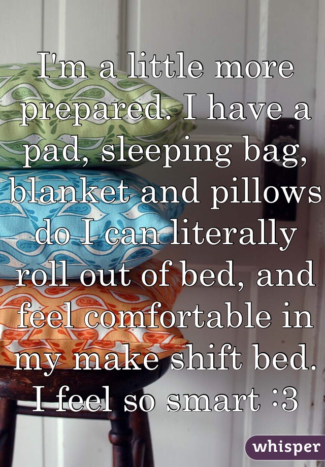 I'm a little more prepared. I have a pad, sleeping bag, blanket and pillows do I can literally roll out of bed, and feel comfortable in my make shift bed. I feel so smart :3