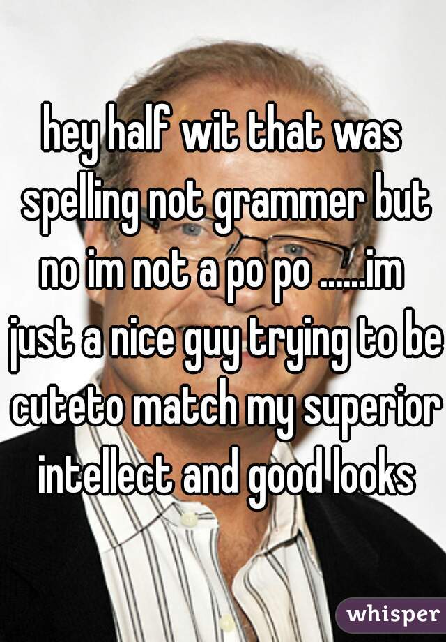 hey half wit that was spelling not grammer but no im not a po po ......im  just a nice guy trying to be cuteto match my superior intellect and good looks