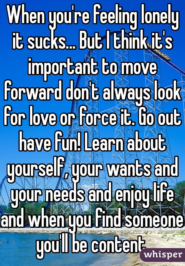 When you're feeling lonely it sucks... But I think it's important to move forward don't always look for love or force it. Go out have fun! Learn about yourself, your wants and your needs and enjoy life and when you find someone you'll be content.