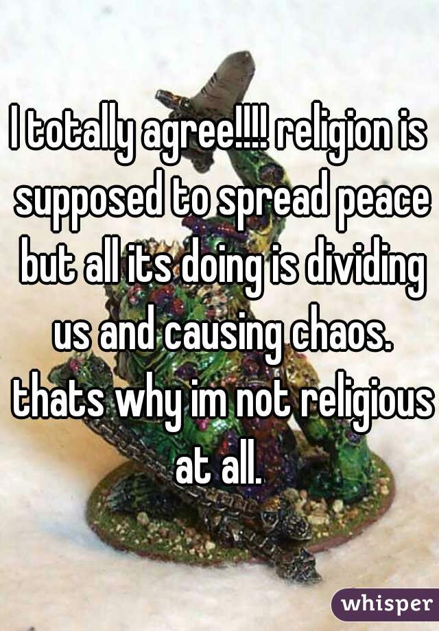 I totally agree!!!! religion is supposed to spread peace but all its doing is dividing us and causing chaos. thats why im not religious at all. 