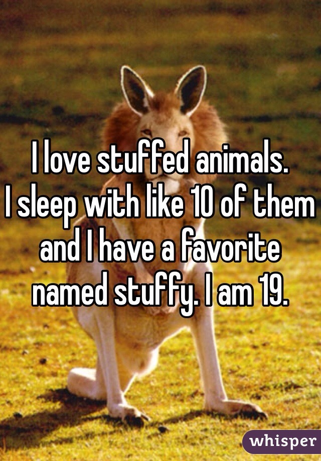 I love stuffed animals. 
I sleep with like 10 of them and I have a favorite named stuffy. I am 19. 
