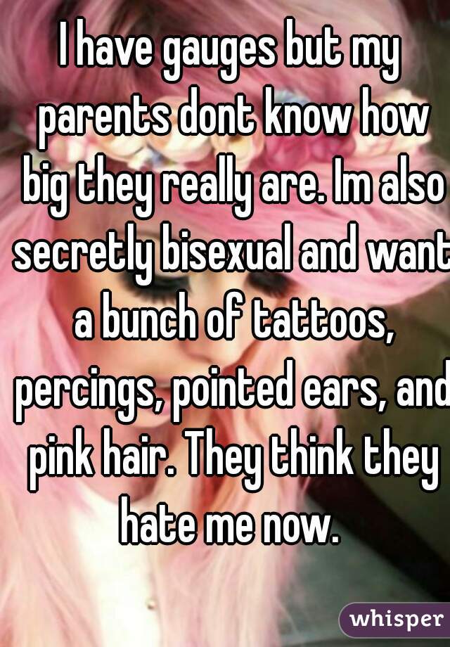 I have gauges but my parents dont know how big they really are. Im also secretly bisexual and want a bunch of tattoos, percings, pointed ears, and pink hair. They think they hate me now. 