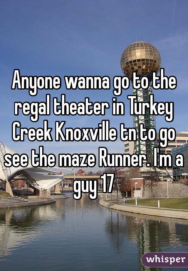 Anyone wanna go to the regal theater in Turkey Creek Knoxville tn to go see the maze Runner. I'm a guy 17