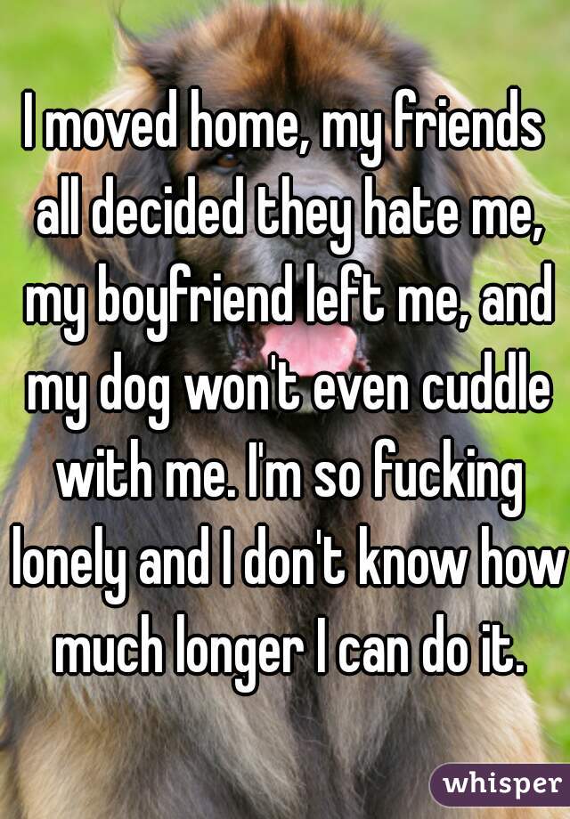I moved home, my friends all decided they hate me, my boyfriend left me, and my dog won't even cuddle with me. I'm so fucking lonely and I don't know how much longer I can do it.