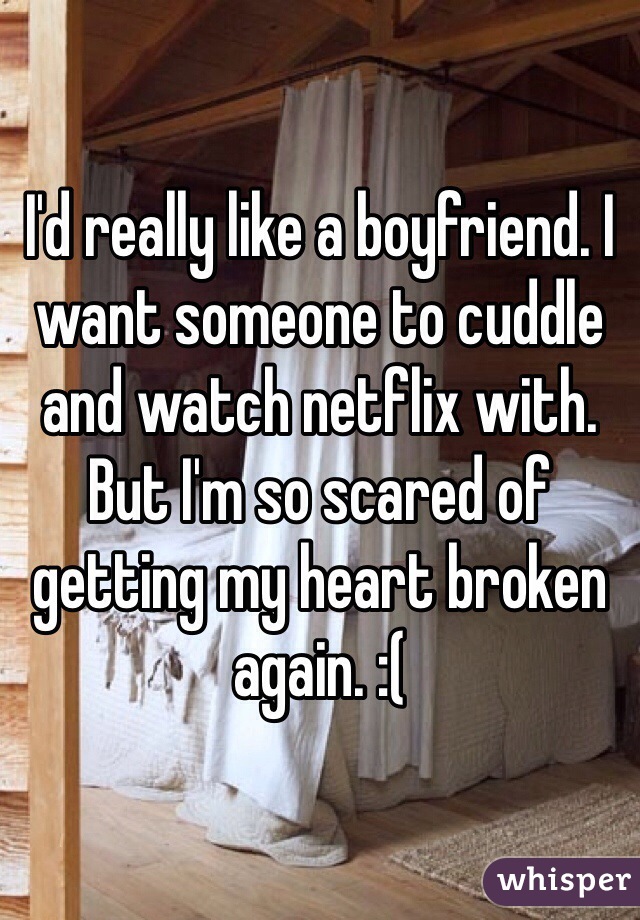 I'd really like a boyfriend. I want someone to cuddle and watch netflix with. But I'm so scared of getting my heart broken again. :( 