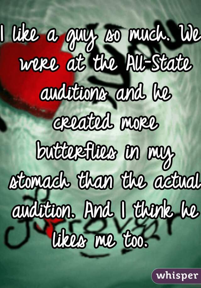 I like a guy so much. We were at the All-State auditions and he created more butterflies in my stomach than the actual audition. And I think he likes me too. 