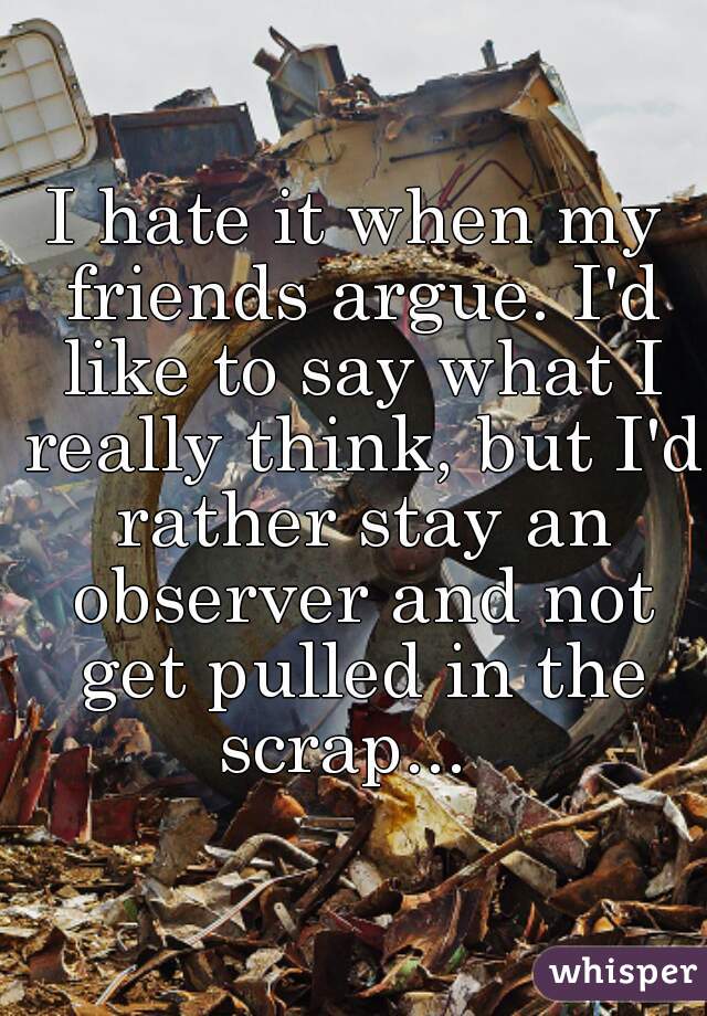 I hate it when my friends argue. I'd like to say what I really think, but I'd rather stay an observer and not get pulled in the scrap...  