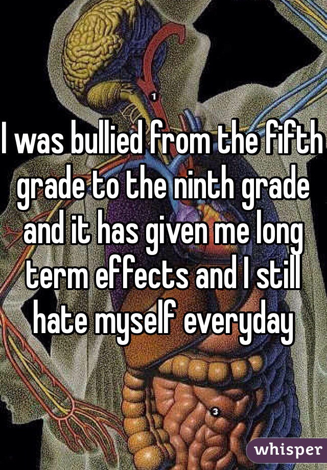 I was bullied from the fifth grade to the ninth grade and it has given me long term effects and I still hate myself everyday 