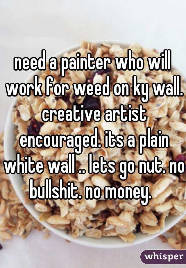 need a painter who will work for weed on ky wall. creative artist encouraged. its a plain white wall .. lets go nut. no bullshit. no money.  