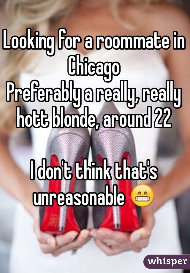 Looking for a roommate in Chicago
Preferably a really, really hott blonde, around 22

I don't think that's unreasonable 😁