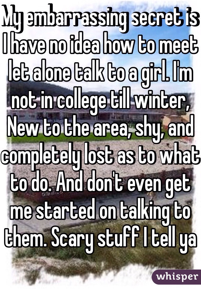 My embarrassing secret is I have no idea how to meet let alone talk to a girl. I'm not in college till winter, New to the area, shy, and completely lost as to what to do. And don't even get me started on talking to them. Scary stuff I tell ya 