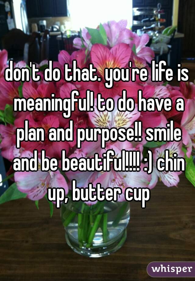 don't do that. you're life is meaningful! to do have a plan and purpose!! smile and be beautiful!!!! :) chin up, butter cup