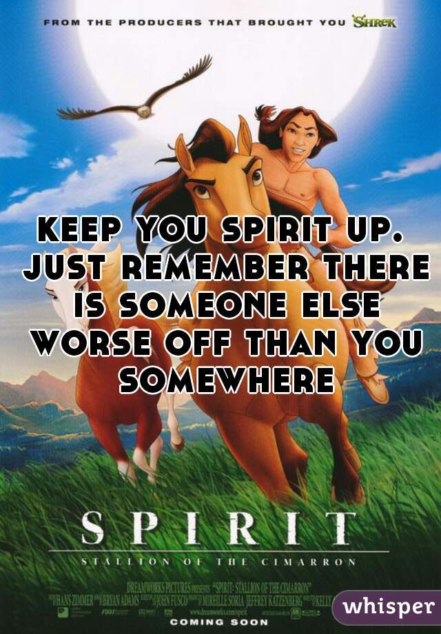 keep you spirit up. just remember there is someone else worse off than you somewhere