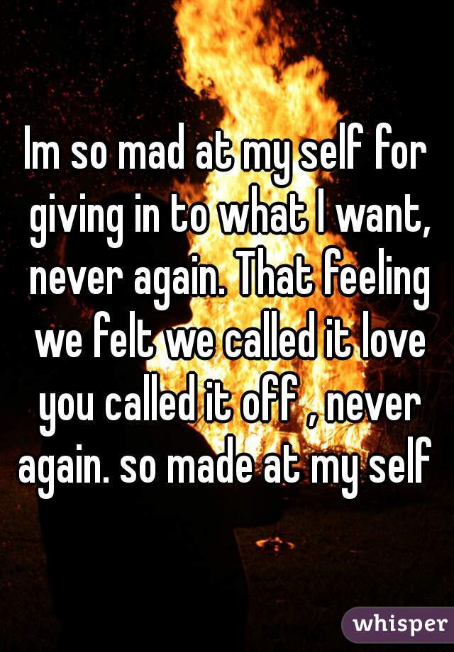 Im so mad at my self for giving in to what I want, never again. That feeling we felt we called it love you called it off , never again. so made at my self 