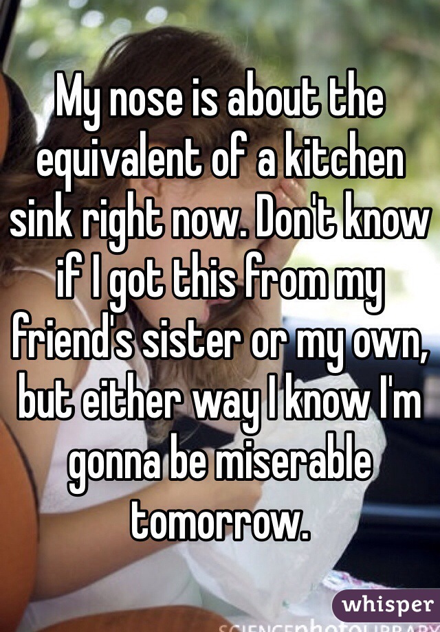 My nose is about the equivalent of a kitchen sink right now. Don't know if I got this from my friend's sister or my own, but either way I know I'm gonna be miserable tomorrow. 