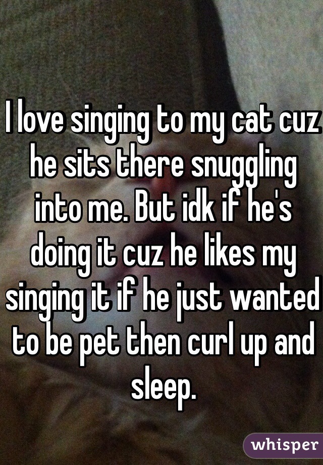 I love singing to my cat cuz he sits there snuggling into me. But idk if he's doing it cuz he likes my singing it if he just wanted to be pet then curl up and sleep. 