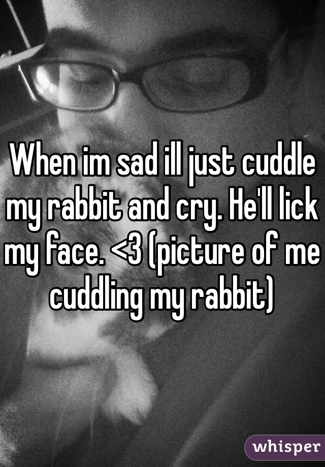 When im sad ill just cuddle my rabbit and cry. He'll lick my face. <3 (picture of me cuddling my rabbit) 