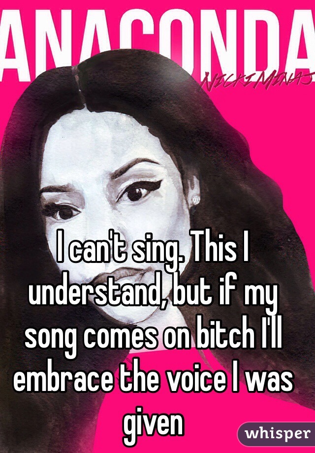 I can't sing. This I understand, but if my song comes on bitch I'll embrace the voice I was given