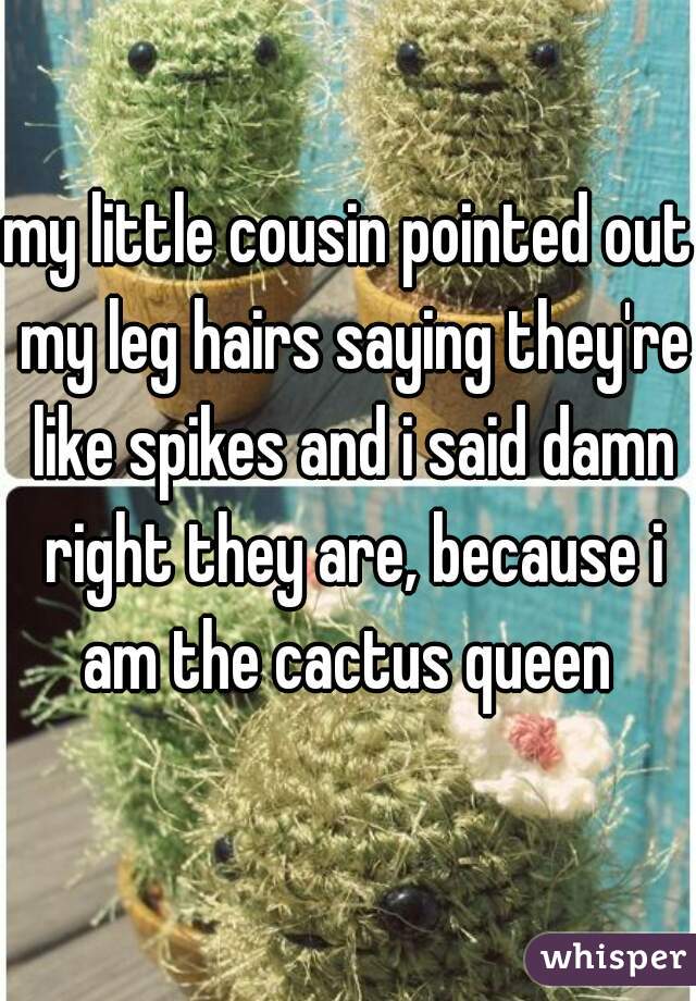 my little cousin pointed out my leg hairs saying they're like spikes and i said damn right they are, because i am the cactus queen 