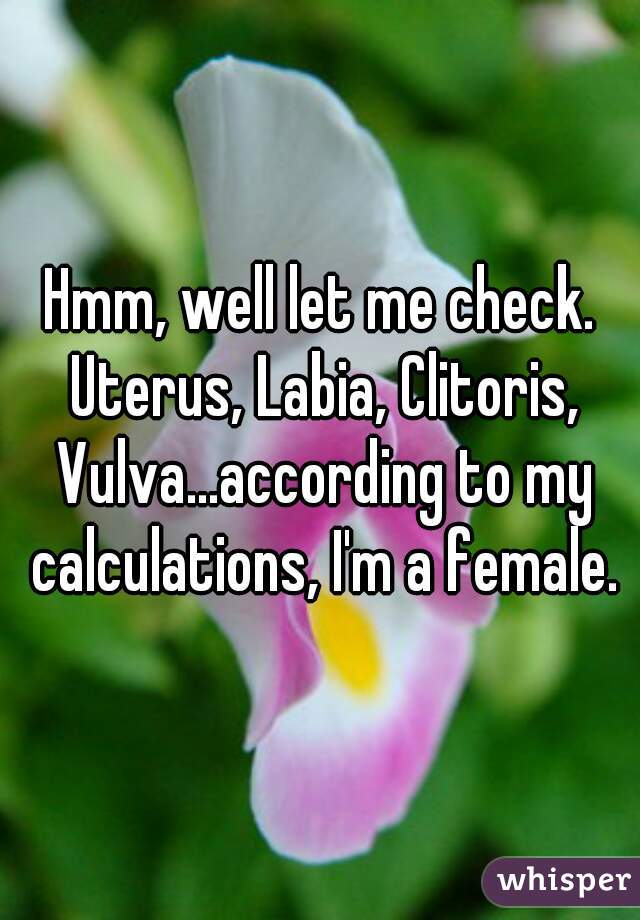 Hmm, well let me check. Uterus, Labia, Clitoris, Vulva...according to my calculations, I'm a female.