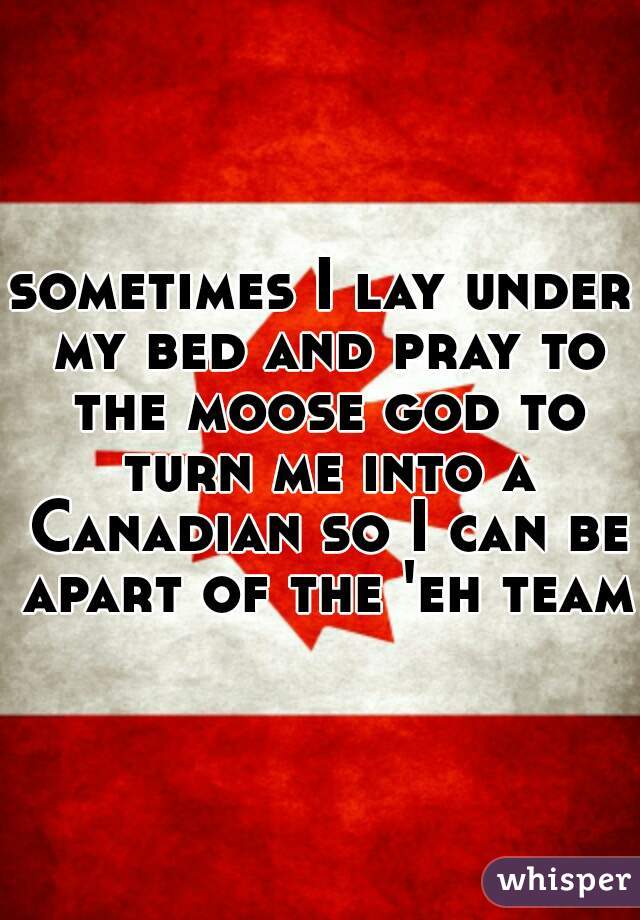 sometimes I lay under my bed and pray to the moose god to turn me into a Canadian so I can be apart of the 'eh team