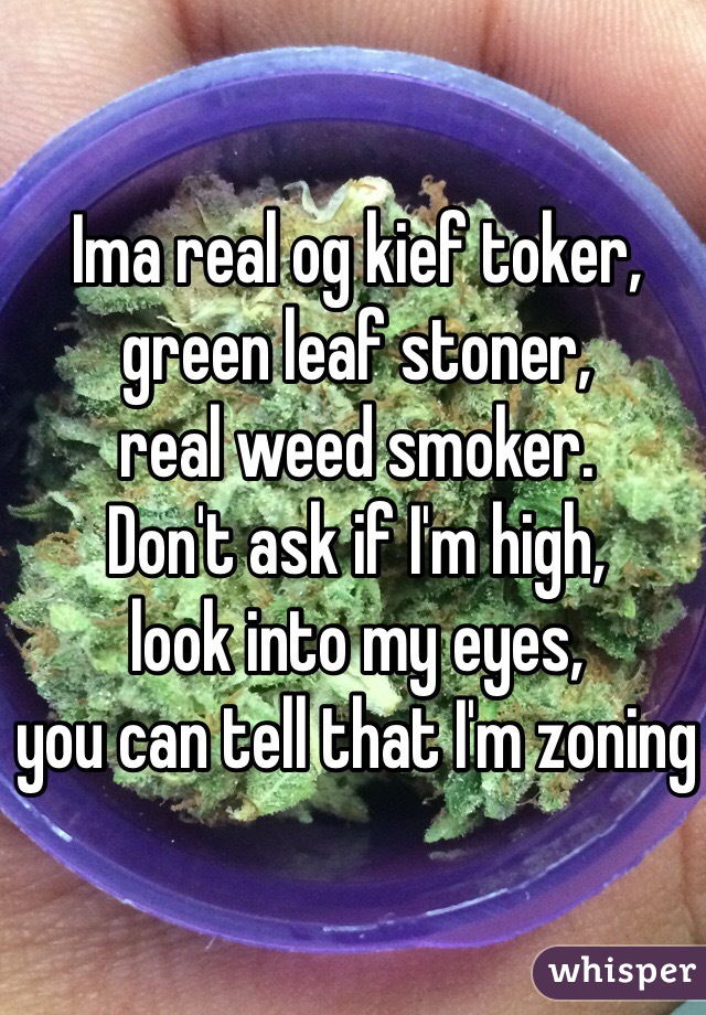 Ima real og kief toker, 
green leaf stoner, 
real weed smoker. 
Don't ask if I'm high, 
look into my eyes, 
you can tell that I'm zoning 