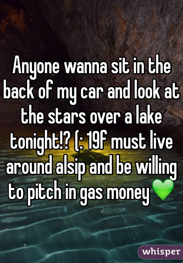 Anyone wanna sit in the back of my car and look at the stars over a lake tonight!? (: 19f must live around alsip and be willing to pitch in gas money💚