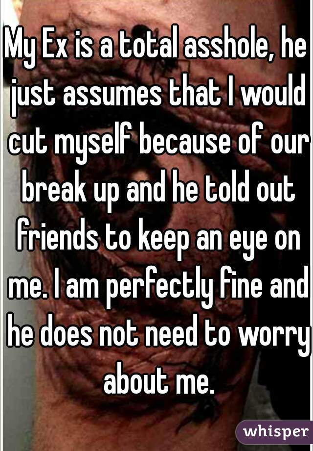 My Ex is a total asshole, he just assumes that I would cut myself because of our break up and he told out friends to keep an eye on me. I am perfectly fine and he does not need to worry about me.