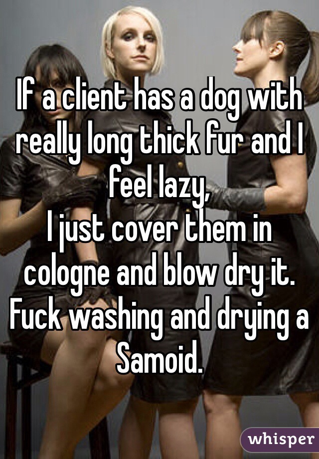 If a client has a dog with really long thick fur and I feel lazy,
I just cover them in cologne and blow dry it. 
Fuck washing and drying a Samoid.
