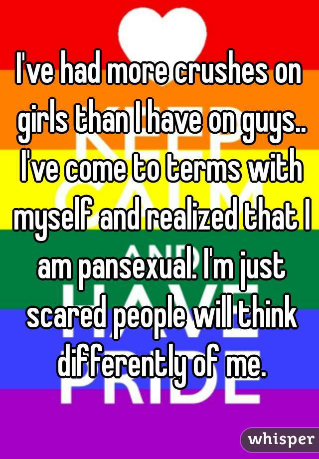 I've had more crushes on girls than I have on guys.. I've come to terms with myself and realized that I am pansexual. I'm just scared people will think differently of me.