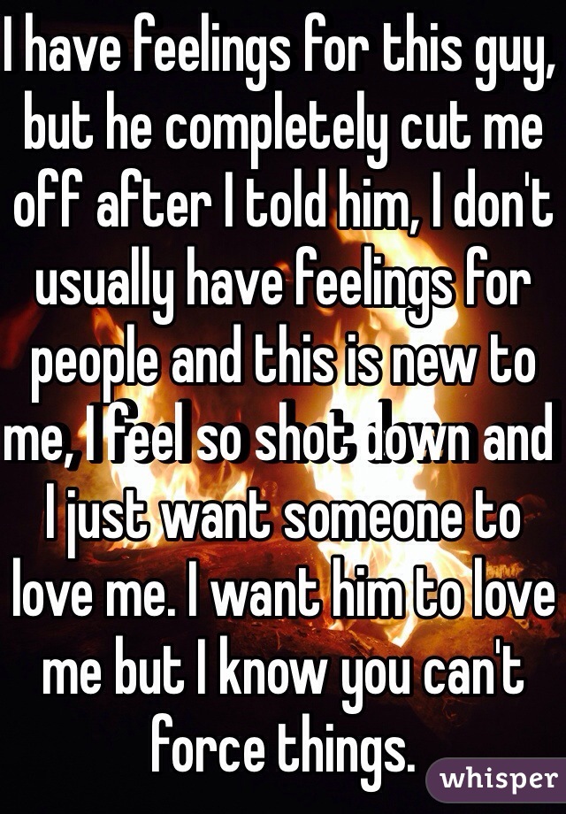 I have feelings for this guy, but he completely cut me off after I told him, I don't usually have feelings for people and this is new to me, I feel so shot down and I just want someone to love me. I want him to love me but I know you can't force things. 