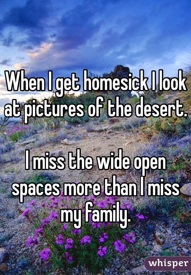 When I get homesick I look at pictures of the desert.

I miss the wide open spaces more than I miss my family.