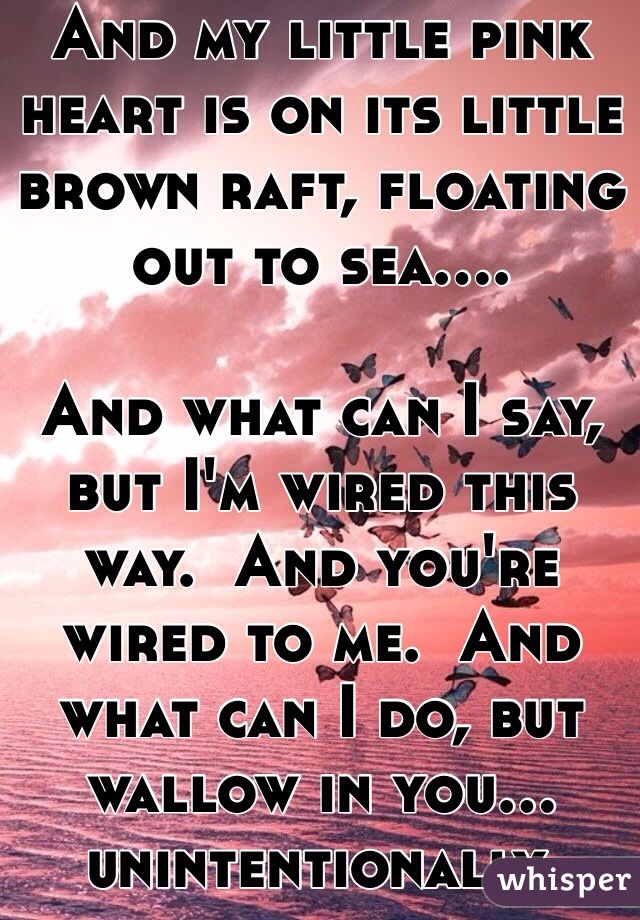 And my little pink heart is on its little brown raft, floating out to sea....

And what can I say, but I'm wired this way.  And you're wired to me.  And what can I do, but wallow in you...
unintentionally.