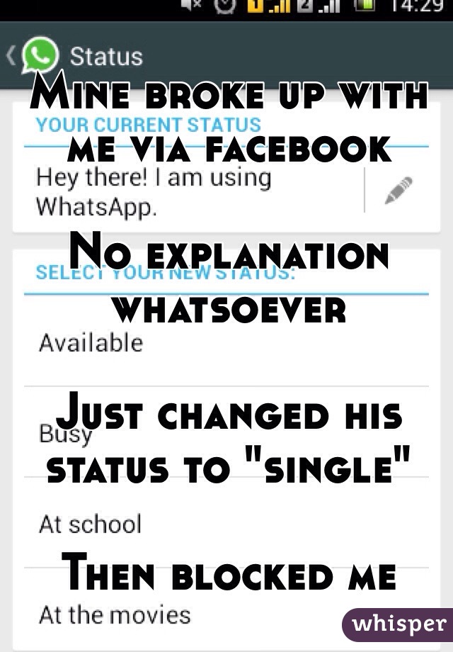 Mine broke up with me via facebook

No explanation whatsoever 

Just changed his status to "single"

Then blocked me 