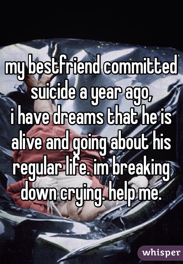 my bestfriend committed suicide a year ago,
i have dreams that he is alive and going about his regular life. im breaking down crying. help me.