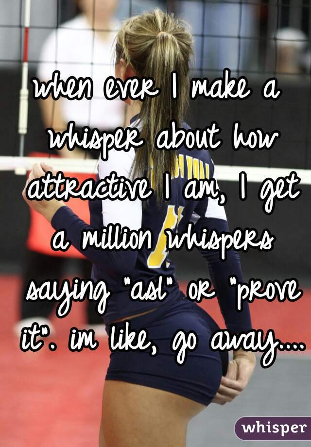 when ever I make a whisper about how attractive I am, I get a million whispers saying "asl" or "prove it". im like, go away....