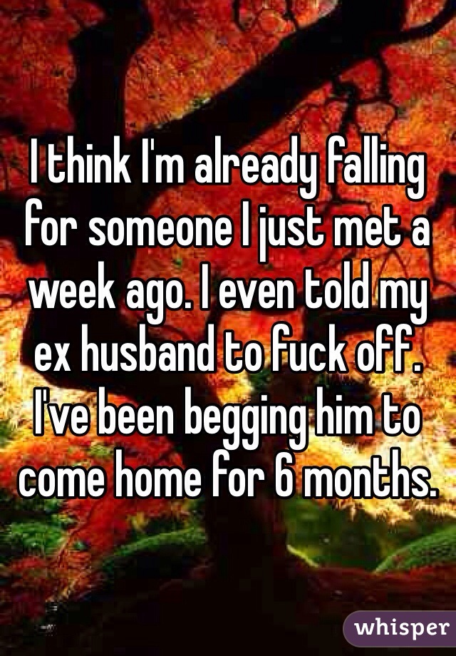 I think I'm already falling for someone I just met a week ago. I even told my ex husband to fuck off.  I've been begging him to come home for 6 months. 