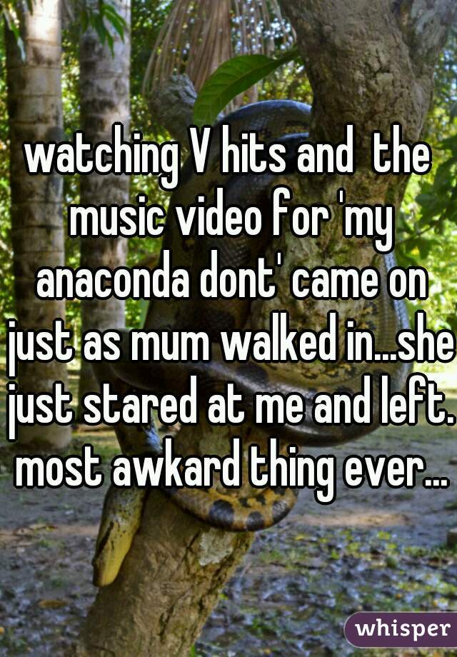 watching V hits and  the music video for 'my anaconda dont' came on just as mum walked in...she just stared at me and left. most awkard thing ever...