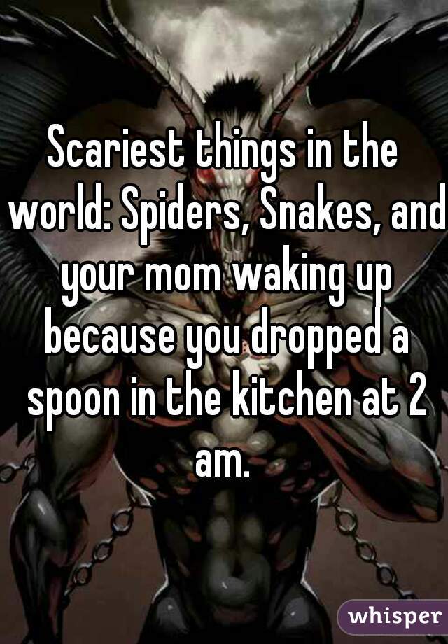 Scariest things in the world: Spiders, Snakes, and your mom waking up because you dropped a spoon in the kitchen at 2 am. 